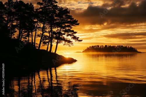 The sunset casts a golden glow over the water with silhouetted trees on the coast and an island in the distance, creating a peaceful and contemplative scene. photo