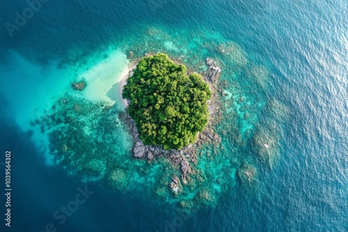 An aerial shot displays a small, lush island amid a vivid turquoise seascape, emphasizing a serene and unspoiled oasis surrounded by clear blue waters.