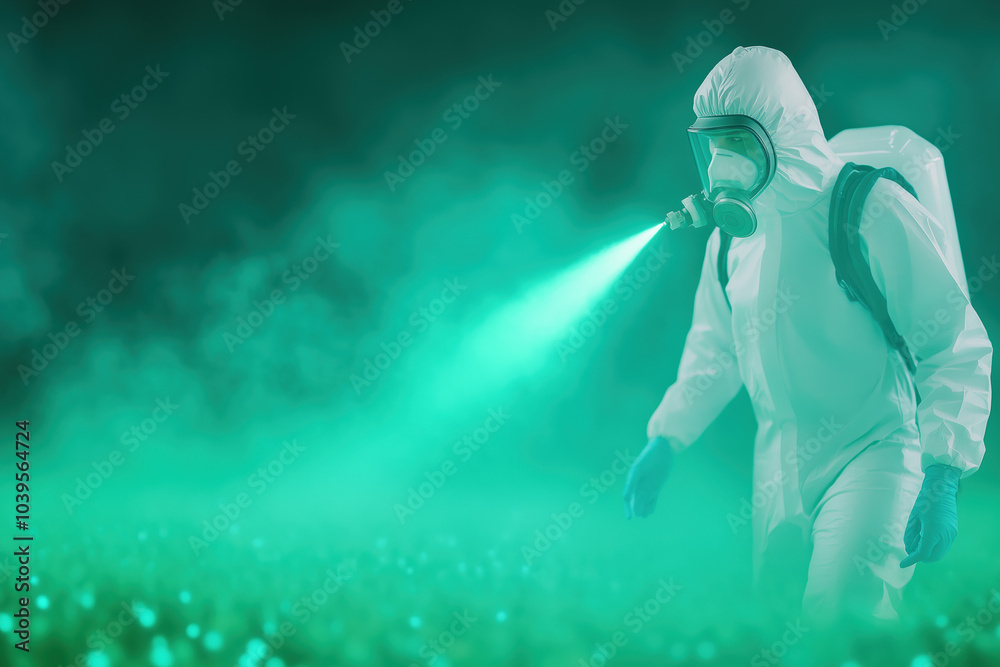 Dedicated Scientist in Protective Suit Spraying Disinfectant Amidst Glowing Bacteria for Health Awareness Campaigns Dedicated Scientist in Protective Suit Spraying Disinfectant Amidst Glowing Bacteria for Health Awareness Campaigns