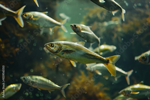 Big fish is swimming in an aquarium, in front of a group of smaller fish