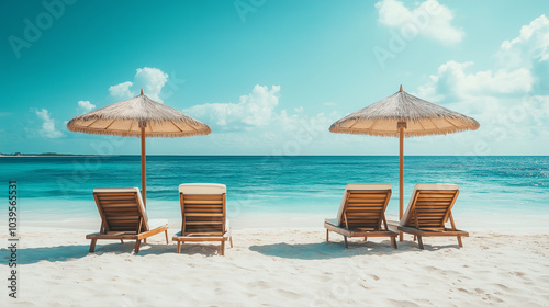 A beach striped umbrella and two chair on a natural background of blue sky and sand.