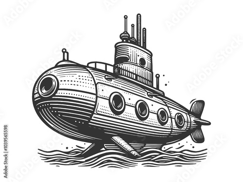 Cartoon steampunk Submarine sketch engraving generative ai raster illustration. T-shirt apparel print design. Scratch board imitation. Black and white hand drawn image.