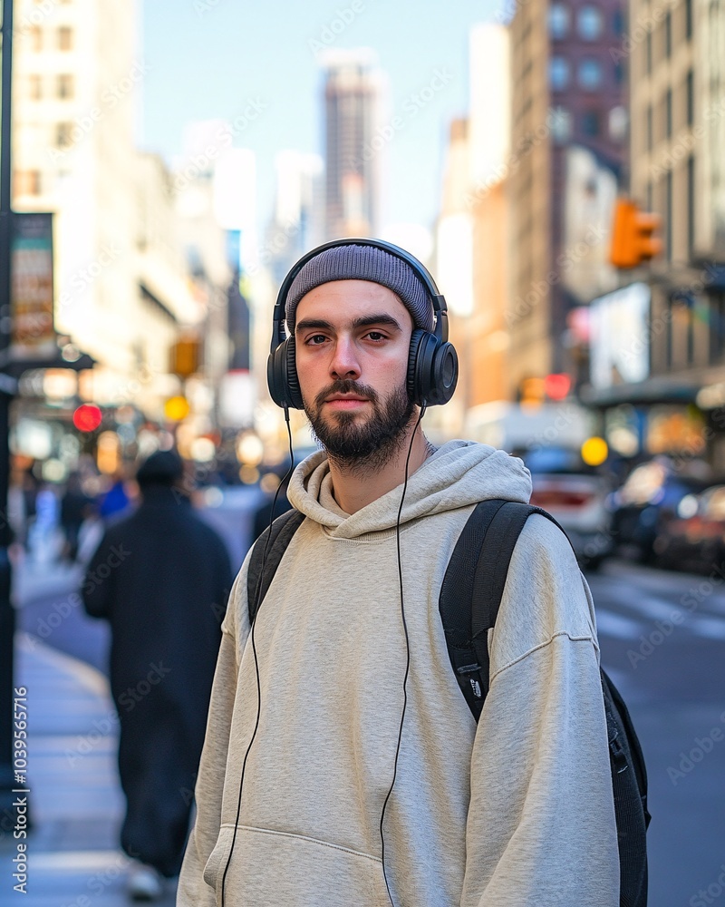 A young man stands on a busy city street, wearing headphones and a hoodie, with skyscrapers in the background, capturing an urban lifestyle. A young man stands on a busy city street, wearing headphones and a hoodie, with skyscrapers in the background, capturing an urban lifestyle.