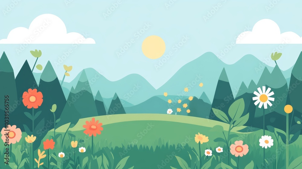 Fototapeta premium Flat Illustration of Mountain Landscape with Blooming Flowers