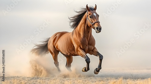 Majestic chestnut horse galloping through a dusty field,kicking up a cloud of dirt and showcasing its incredible power and graceful,athletic movement.