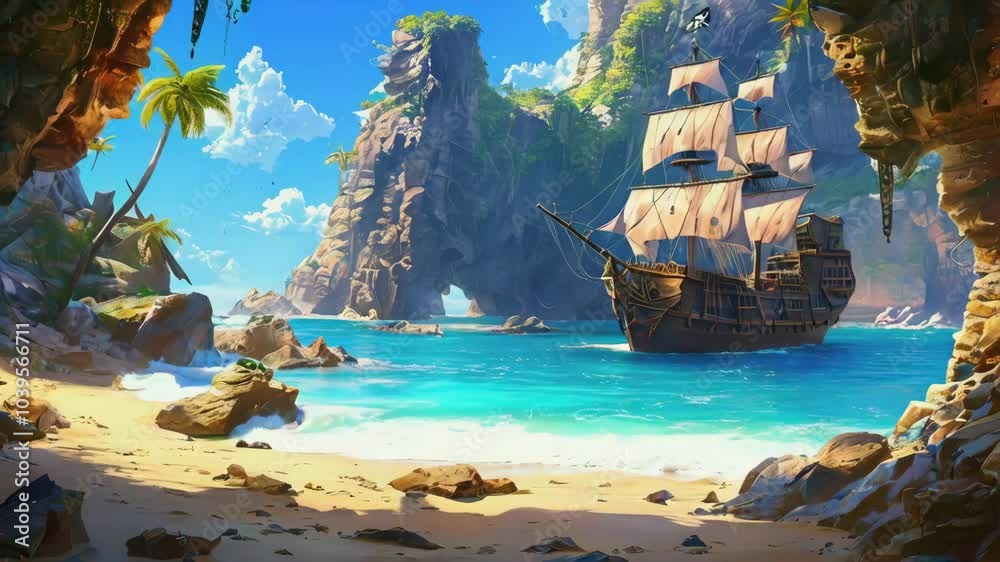 Pirate Cliffs Pirate Cove: A hidden pirate cove nestled between jagged cliffs, with a ...
