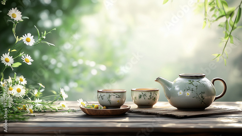Loose leaf tea and chamomile, Rustic ceramic teapot and cups on weathered wooden surface.