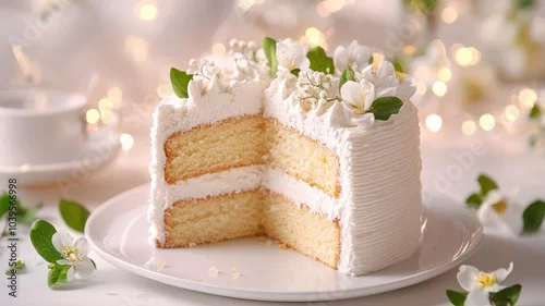 Obraz  z motywem Elegant wedding cake slice adorned with delicate icing and beautiful floral decorations, showcasing a moist, delicious treat.