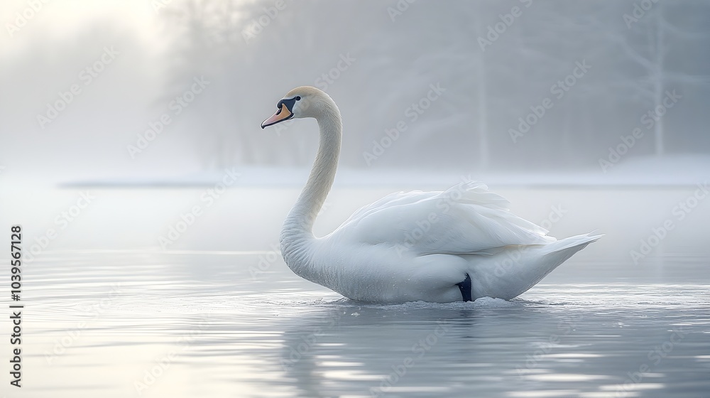 Majestic white swan gracefully floating on a serene frozen lake,surrounded by a mist-covered winter landscape. The tranquil scene evokes a sense of peace and beauty in the natural world. Majestic white swan gracefully floating on a serene frozen lake,surrounded by a mist-covered winter landscape. The tranquil scene evokes a sense of peace and beauty in the natural world.