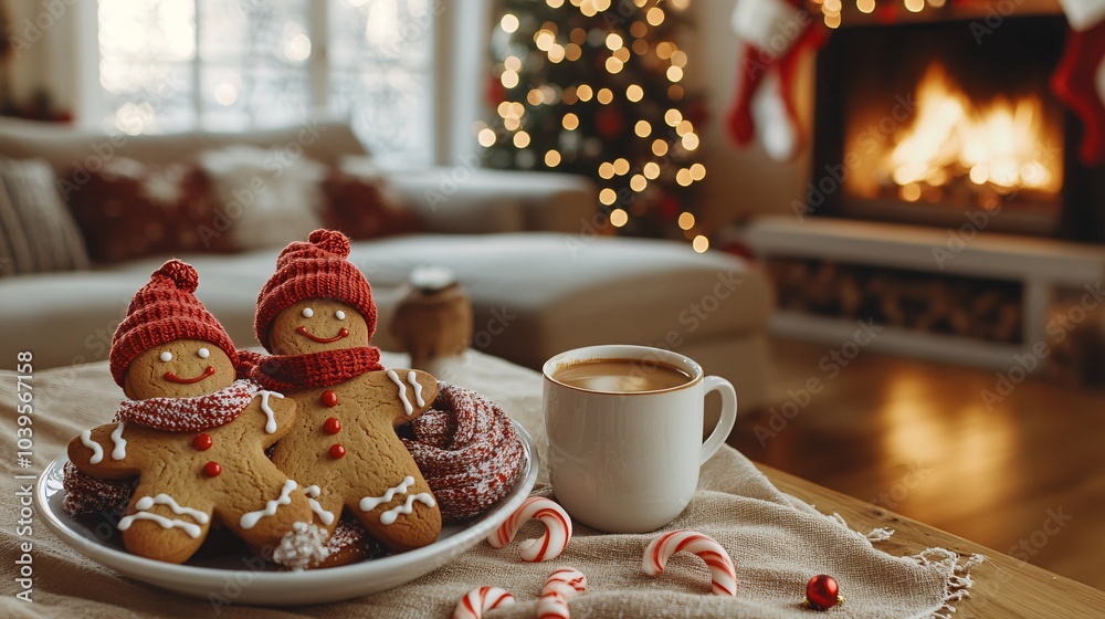 A cozy holiday scene featuring gingerbread cookies, a warm beverage, festive decorations, and a crackling fireplace, perfect for winter celebrations. A cozy holiday scene featuring gingerbread cookies, a warm beverage, festive decorations, and a crackling fireplace, perfect for winter celebrations.