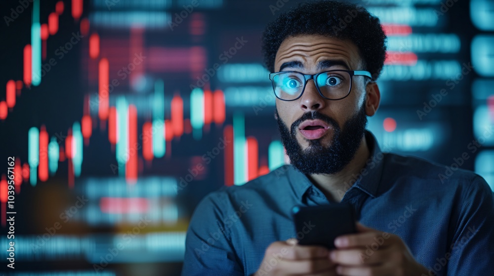 A surprised man with glasses looks at his phone against a backdrop of fluctuating stock market charts. A surprised man with glasses looks at his phone against a backdrop of fluctuating stock market charts.
