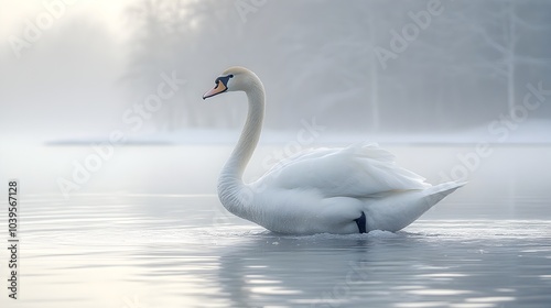 Majestic white swan gracefully floating on a serene frozen lake,surrounded by a mist-covered winter landscape. The tranquil scene evokes a sense of peace and beauty in the natural world.