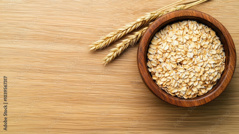 Oats in a wooden bowl with stalks, on a light wooden background. Oats in a wooden bowl with stalks, on a light wooden background.