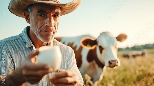 Farmer holding milk near cow in a sunlit field. photo