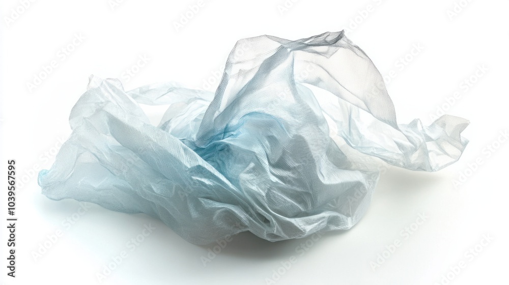 Fototapeta premium Crinkled plastic bag in a loose pile, showing texture and light creases, isolated on white background