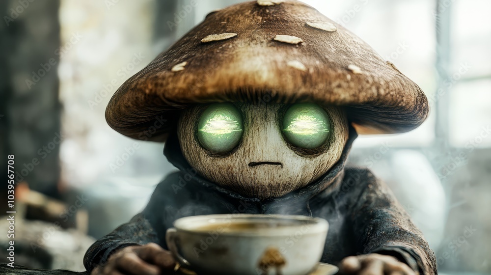 Obraz premium A tight shot of a person with green eyes gazing into the distance, holding a steaming mug of coffee adorned with a perched mushroom