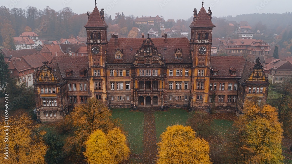 Obraz premium A majestic, historic mansion framed by autumn trees, showcasing intricate architecture and a nostalgic landscape under a gray sky.