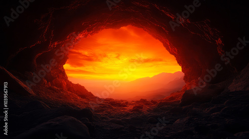 Fiery Glow Illuminates Dark Mysterious Cave