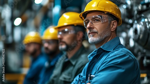 A group of workers in safety helmets and goggles stands in a factory, focused on their task amidst industrial machinery.