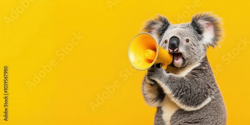 Cute Koala Communication: Adorable marsupial hugging a megaphone against a soft yellow backdrop photo