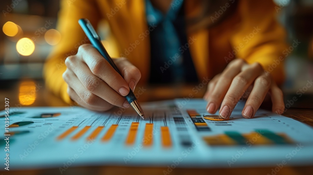 A person analyzing data on graphs and charts with a pen. A person analyzing data on graphs and charts with a pen.