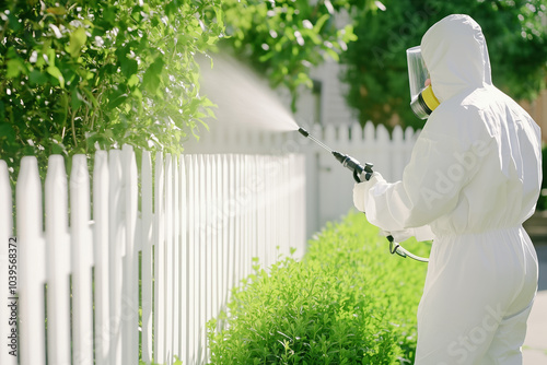 Pest Control Specialist in White Hazmat Suit Spraying Chemicals Near White Picket Fence in Suburban Neighborhood with Green Garden Background photo