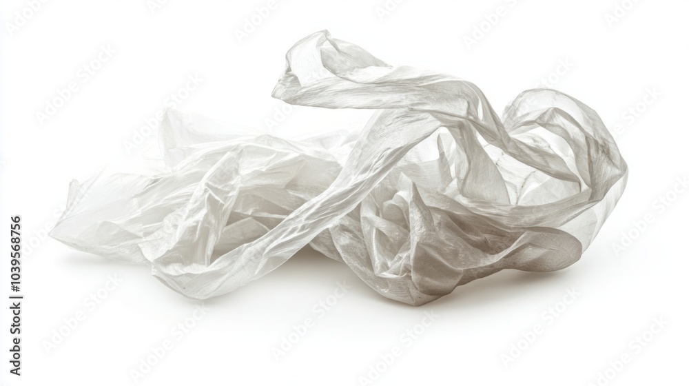 Crumpled plastic bag with deep wrinkles, showcasing texture, isolated on white background Crumpled plastic bag with deep wrinkles, showcasing texture, isolated on white background