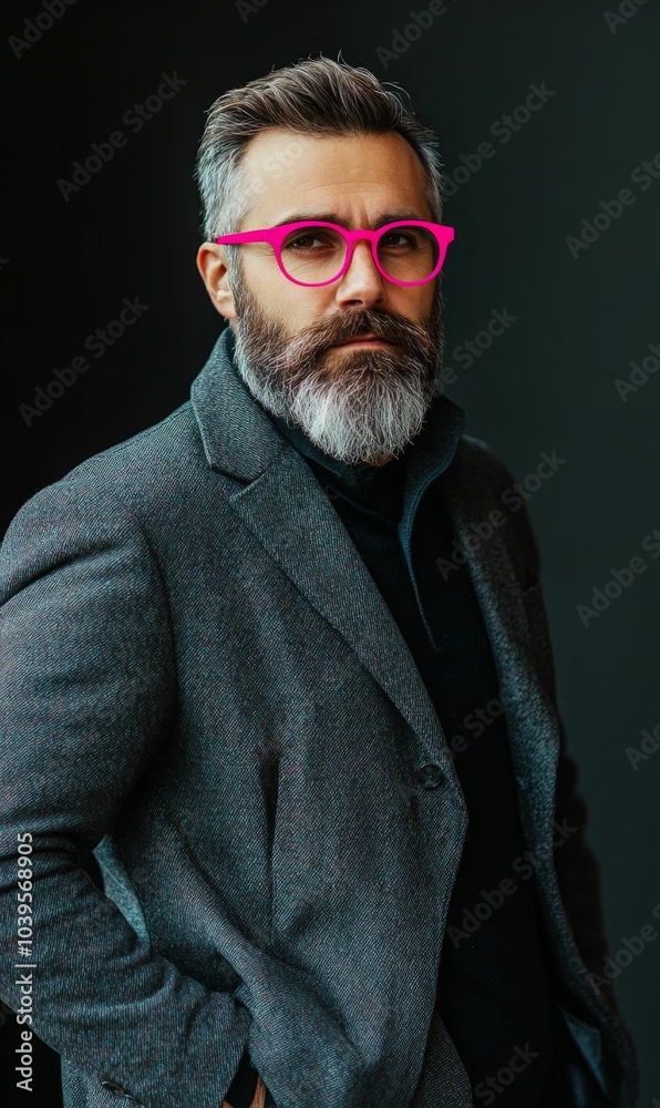 Obraz premium A man wearing a suit and bright pink glasses.