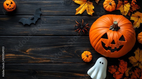 A festive Halloween scene with pumpkins, a ghost, and autumn leaves on a dark wooden background.