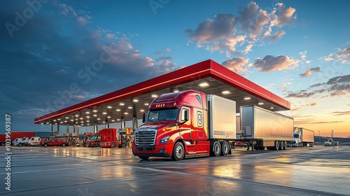 Trucks at Gas Station Under Sunset