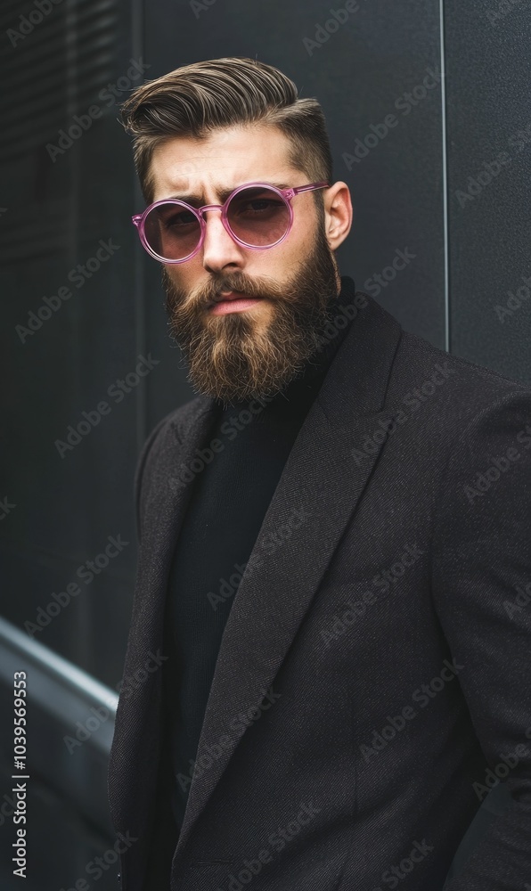 Obraz premium Man with beard wearing black suit and pink sunglasses.