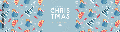 Merry Christmas and Happy New Year greeting banner with holiday attributes. Christmas background. Flat design. Vector illustration