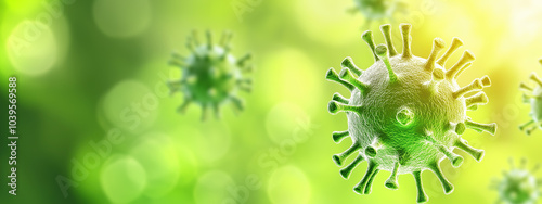 A Banner of Digital Illustration of Pathogens Spreading in the Environment with Copy Space on the Right, Virus and Bacteria Concept in a Blue Background photo