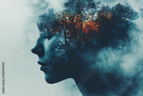 A silhouette of a woman with a forest inside her head, blending with mist and light, symbolizing introspection, nature, and the connection of mind and environment.