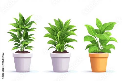 Minimalist illustration of three potted plants in various stages of growth symbolizing plant care growth and eco friendly home decor practices