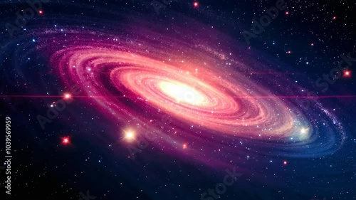 A vibrant, spiral galaxy with a bright core surrounded by stars