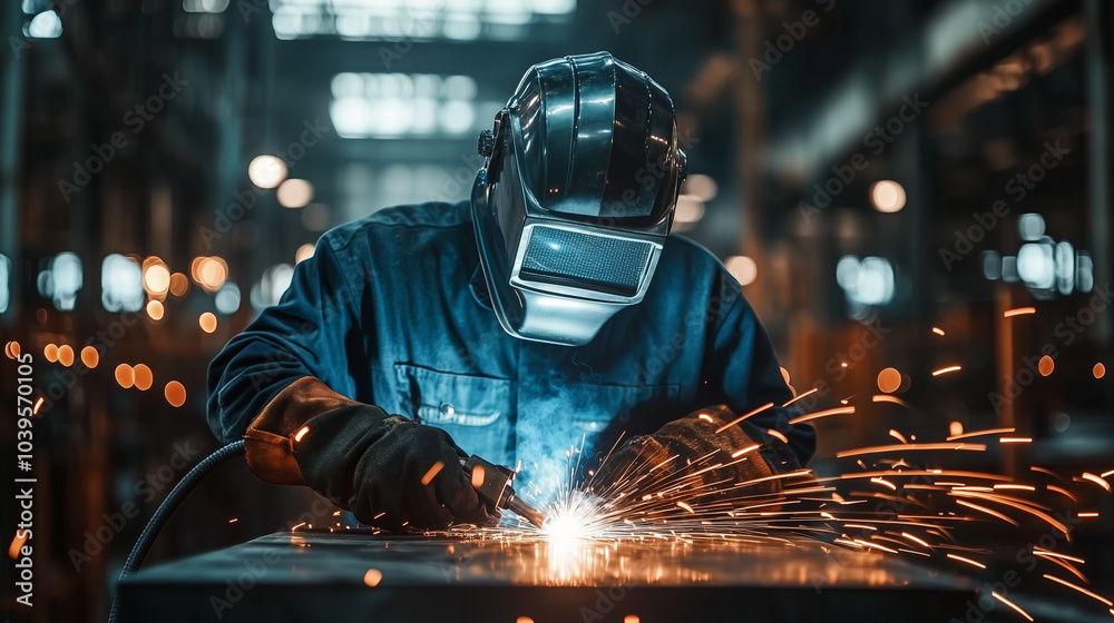 Welder with sparks flying, showcasing a skilled tradesperson working on a metal fabrication project, labor day concept. Welder with sparks flying, showcasing a skilled tradesperson working on a metal fabrication project, labor day concept.