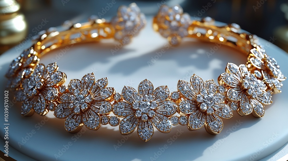 Exquisite 3D gold necklace adorned sparkling diamonds paired with elegant earrings arranged on a white background for a stunning and regal display of luxury Exquisite 3D gold necklace adorned sparkling diamonds paired with elegant earrings arranged on a white background for a stunning and regal display of luxury