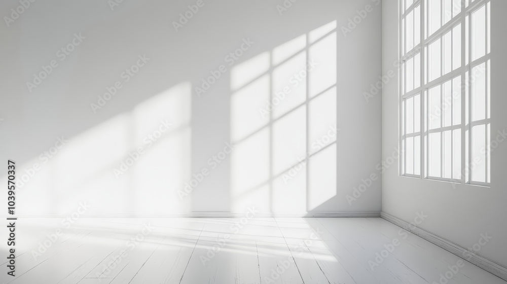 Bright sunlight streams through large windows, casting geometric shadows on white walls and floor of minimalist room. serene atmosphere is enhanced by simplicity of space Bright sunlight streams through large windows, casting geometric shadows on white walls and floor of minimalist room. serene atmosphere is enhanced by simplicity of space