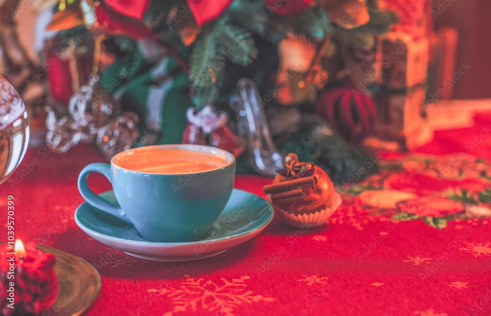 Fototapeta premium Winter Holidays concept. Christmas and New Year scene, cozy candles burning at home, and other decoration
