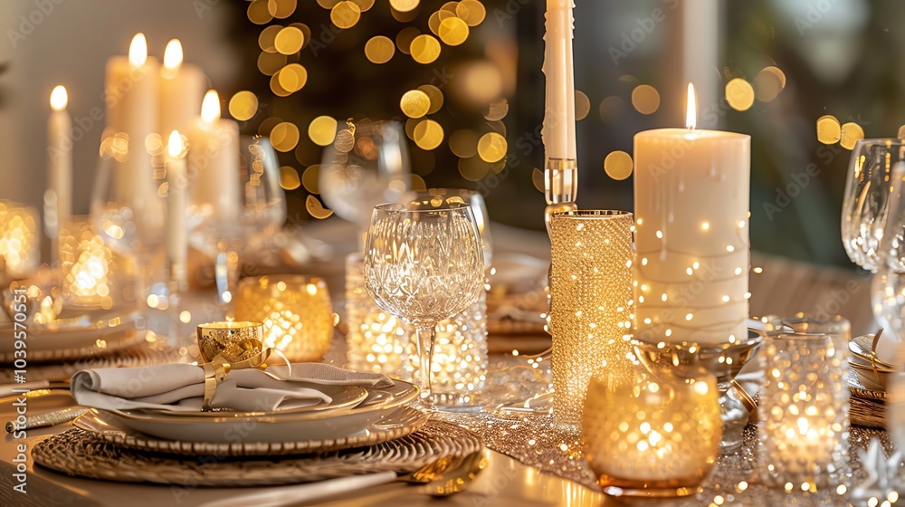 A beautifully decorated table for a festive dinner with candles, glasses, and a sparkling runner, with warm light and soft focus. A beautifully decorated table for a festive dinner with candles, glasses, and a sparkling runner, with warm light and soft focus.