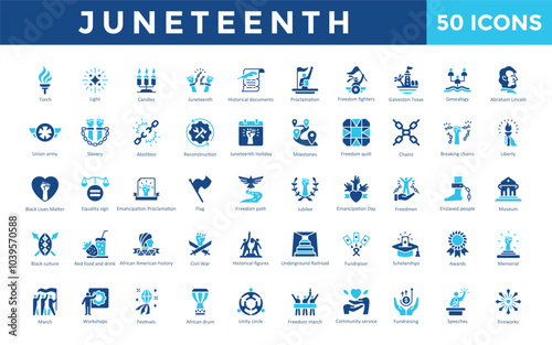 Juneteenth icon set with torch, light, candles, historical documents, proclamation, freedom fighters, galveston texas, genealogy icon. Simple flat vector 
