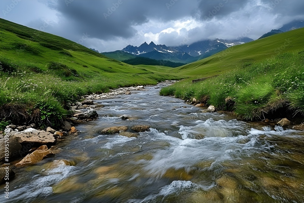Serene Mountain Stream Flowing Through Lush Greenery Serene Mountain Stream Flowing Through Lush Greenery