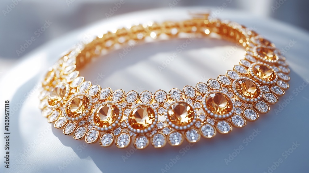 Exquisite 3D gold necklace radiant stones and a matching earring set displayed elegantly on a minimalistic white background emphasizing the contrast between modern simplicity and luxury Exquisite 3D gold necklace radiant stones and a matching earring set displayed elegantly on a minimalistic white background emphasizing the contrast between modern simplicity and luxury