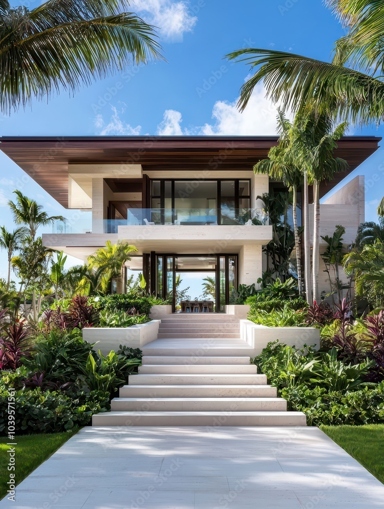 Fototapeta premium Symmetrical modern house exterior showcasing innovative design with sustainable materials for eco-friendly living.
