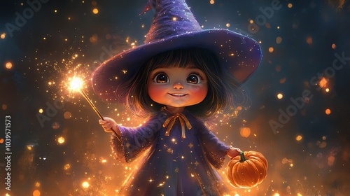 A young witch in a purple dress and hat smiles brightly as she holds a sparkler, her magical glow illuminating the night.