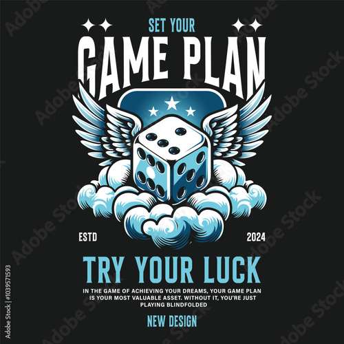 game play, try your luck 2024. oversize stylish t-shirt and apparel abstract design with flying dice and cloud . 