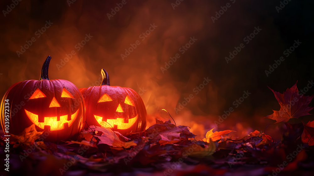 Optimized Image Description: Two carved pumpkins with glowing faces among autumn leaves against a dark, misty background, create a spooky and festive Halloween atmosphere. Optimized Image Description: Two carved pumpkins with glowing faces among autumn leaves against a dark, misty background, create a spooky and festive Halloween atmosphere.