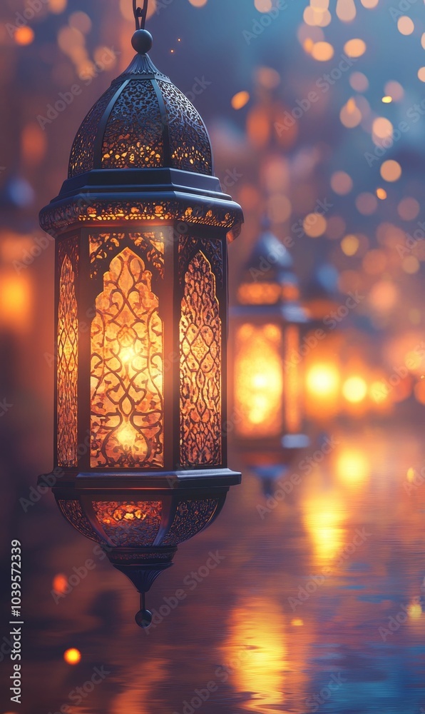 Ornate lantern glowing in the twilight. Ornate lantern glowing in the twilight.