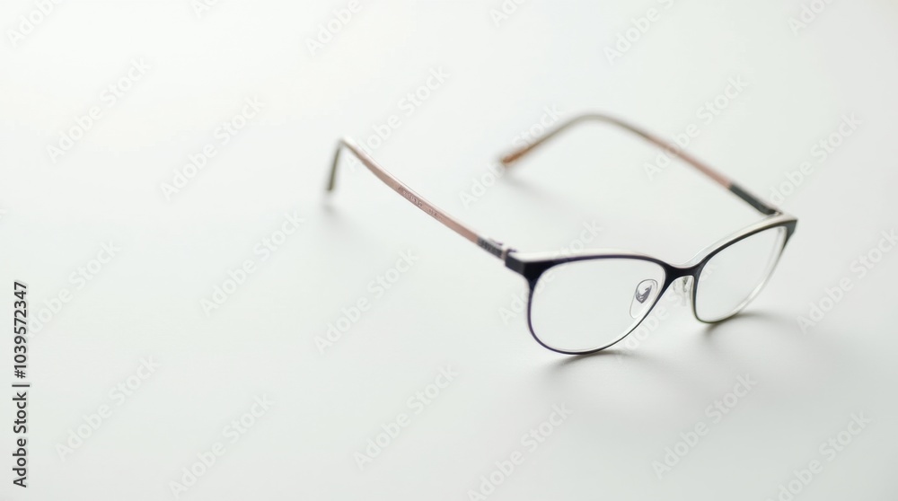A pair of modern thin-framed eyeglasses is lying flat on a smooth matte white surface. The glasses feature sleek lines and a minimalist design, emphasizing their contemporary aesthetic. A pair of modern thin-framed eyeglasses is lying flat on a smooth matte white surface. The glasses feature sleek lines and a minimalist design, emphasizing their contemporary aesthetic.